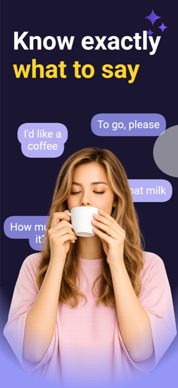 Woman drinking coffee surrounded by English phrase bubbles such as 'I'd like a coffee' and 'To go, please'