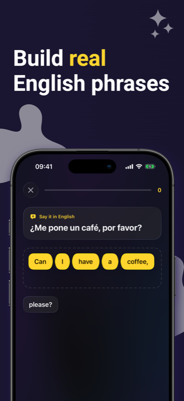 Hutarka exercise building the English sentence 'Can I have a coffee, please?' from tappable word chips, prompted in Spanish