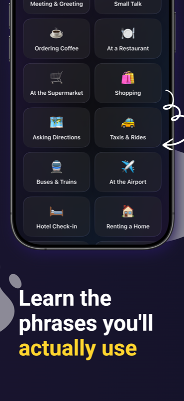 Grid of Hutarka situations: Ordering Coffee, At a Restaurant, At the Supermarket, Shopping, Asking Directions, Taxis and Rides, Buses and Trains, At the Airport, Hotel Check-in, Renting a Home
