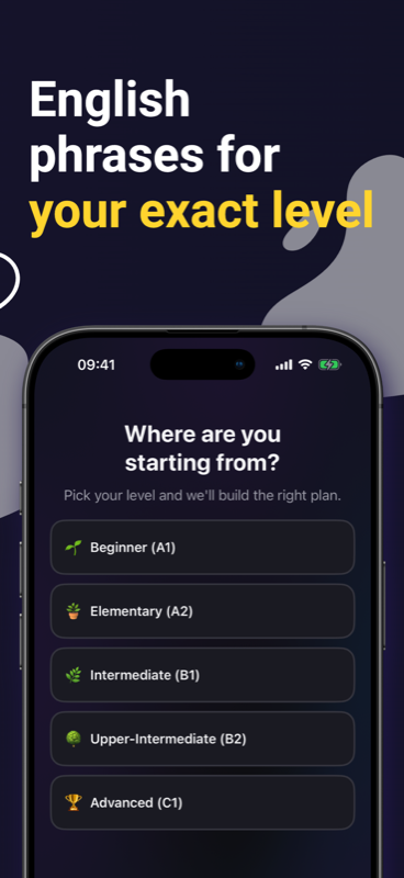 Hutarka level picker asking 'Where are you starting from?' with options from Beginner A1 to Advanced C1