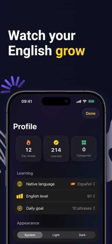 Hutarka profile with a 12-day streak, 214 phrases learned, native language, English level and a daily goal of 10 phrases