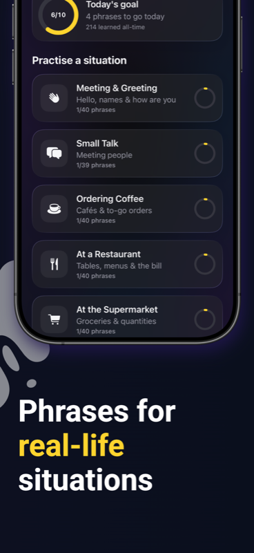 Hutarka home screen with a daily goal ring and situation packs like Meeting and Greeting, Small Talk and Ordering Coffee, each showing progress out of 40 phrases